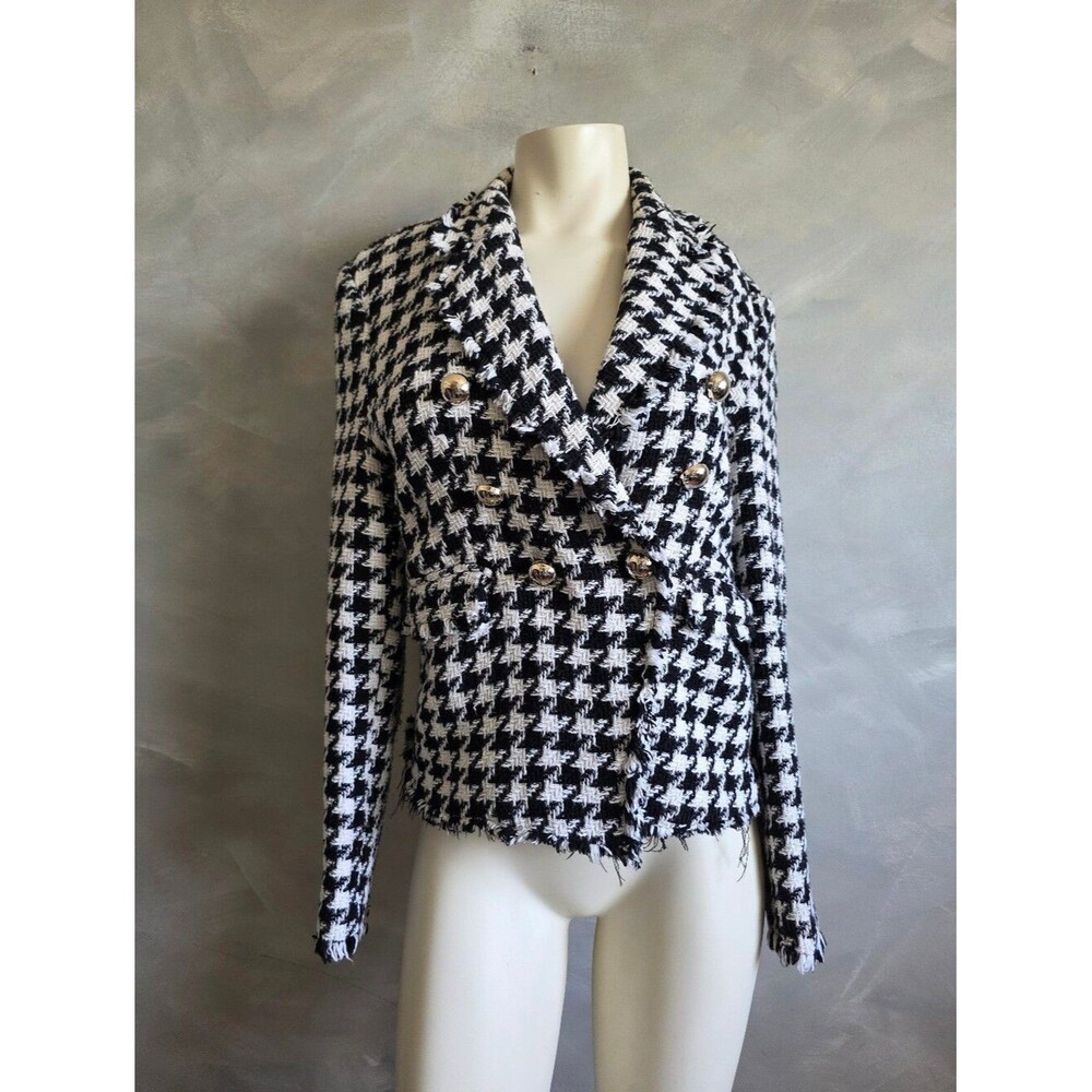 Mango MNG Double Breasted Houndstooth Tweed Fray Black White Silver Blazer Sz L
